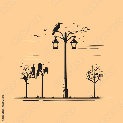 Bird or crow sitting on lamppost or power line in a city concept design