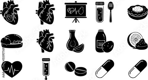 High cholesterol icon set in black and white stroke lines
