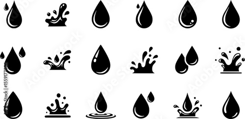 Black and white vector icons depicting water droplets and water splashes in a simple silhouette style
