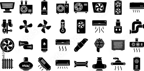 Collection of icons related to heating, ventilation and air conditioning (HVAC) systems.

