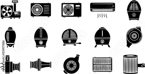 Collection of icons related to heating, ventilation and air conditioning (HVAC) systems.
