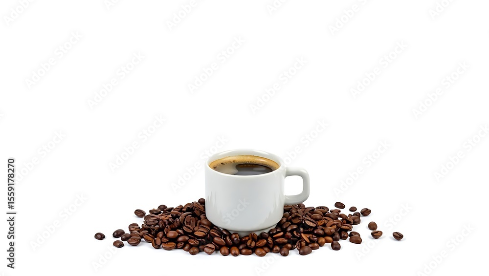 Fototapeta premium A white cup of coffee sitting on a pile of roasted coffee beans on a white background isolated shot