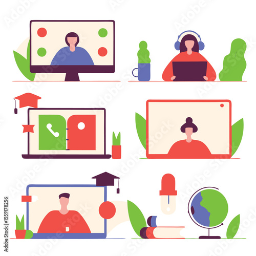 Diverse people learning and working remotely on various devices