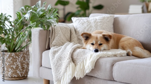 a calm dog lying on a neutral toned sofa wrapped in a knitted throw blanket, living room with soft lighting and indoor plants