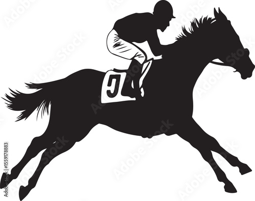 Silhouette illustration of a racehorse with a jockey in full speed during a horse race competition