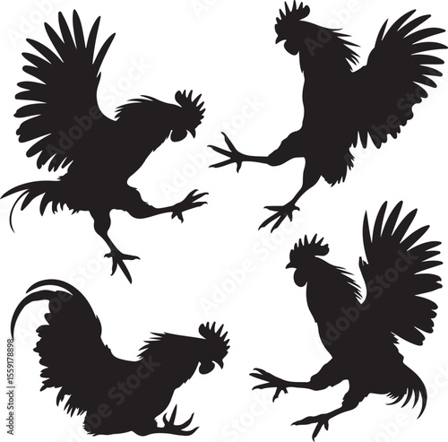 Silhouette illustration of four roosters in dynamic poses showing action and movement on white background