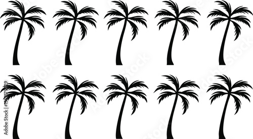 Black and white illustration of ten isolated palm trees on a clean white background