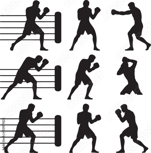 Silhouetted boxer figures in action posing in boxing ring performing various athletic movements