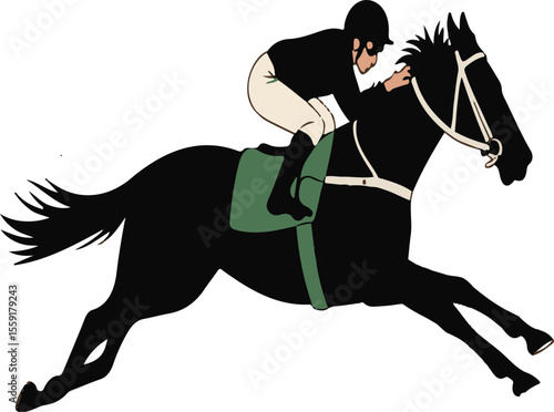 Vector illustration of a racetrack jockey riding a powerful horse at full speed