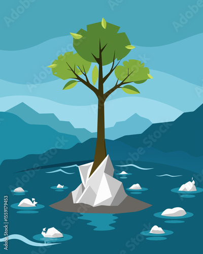 A lone tree stands in the middle of the river its roots entangled in a mess of plastic bags and broken glass.. Vector illustration