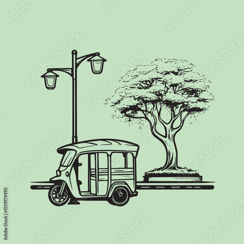 Hand drawn Roadside tea stall or coffee shop with street side view