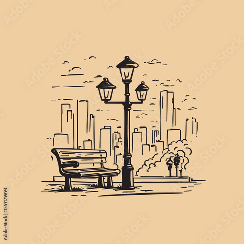 Lamppost and bench a city life concept