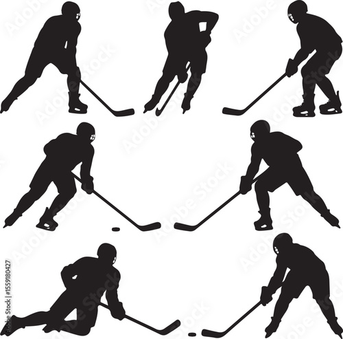 Silhouetted hockey players in action depicting various poses against a clean white background