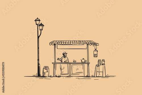Hand drawn Roadside tea stall or coffee shop with street side view