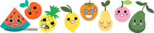 fruits kawaii characters set in doodle style. elements for mascot decor postcard design print sticker poster background