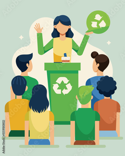 A monthly educational seminar at the town hall focusing on the importance and benefits of participating in the communitys recycling program.. Vector illustration