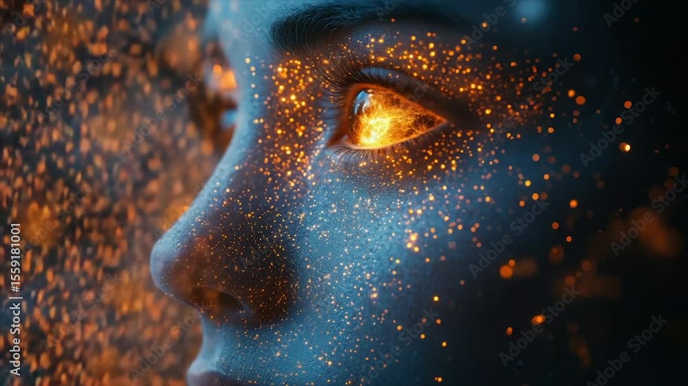 Glowing embers illuminate a woman's face, creating a surreal, ethereal portrait Glowing embers illuminate a woman's face, creating a surreal, ethereal portrait
