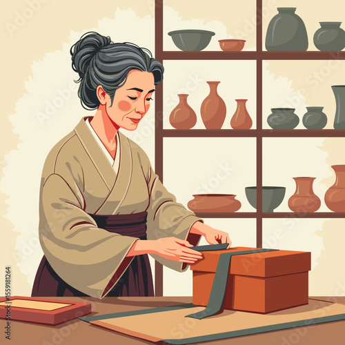 着物姿の女性が陶器を丁寧に箱詰めする 工房の中で
