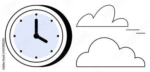 Round wall clock with clear dial beside two simple clouds, representing passage of time, connection to nature, and transient moments. Ideal for time, focus, simplicity, mindfulness, schedule goals