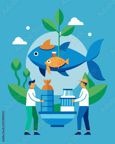 A company producing and selling plantbased alternatives to traditional seafood products reducing strain on depleted fish populations.. Vector illustration