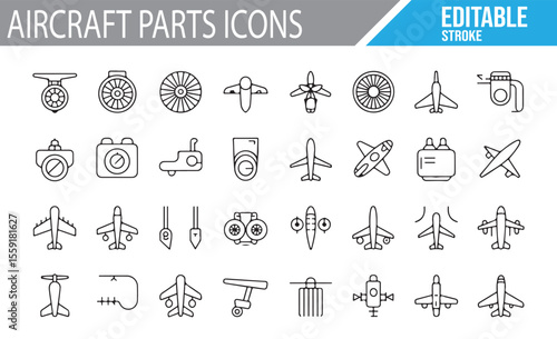 Airplane Parts and Aircraft Engineering Icons for Aviation and Aerospace