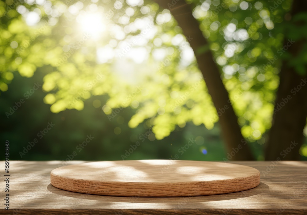 Obraz premium Wooden surface and platform with a blurred green trees background.