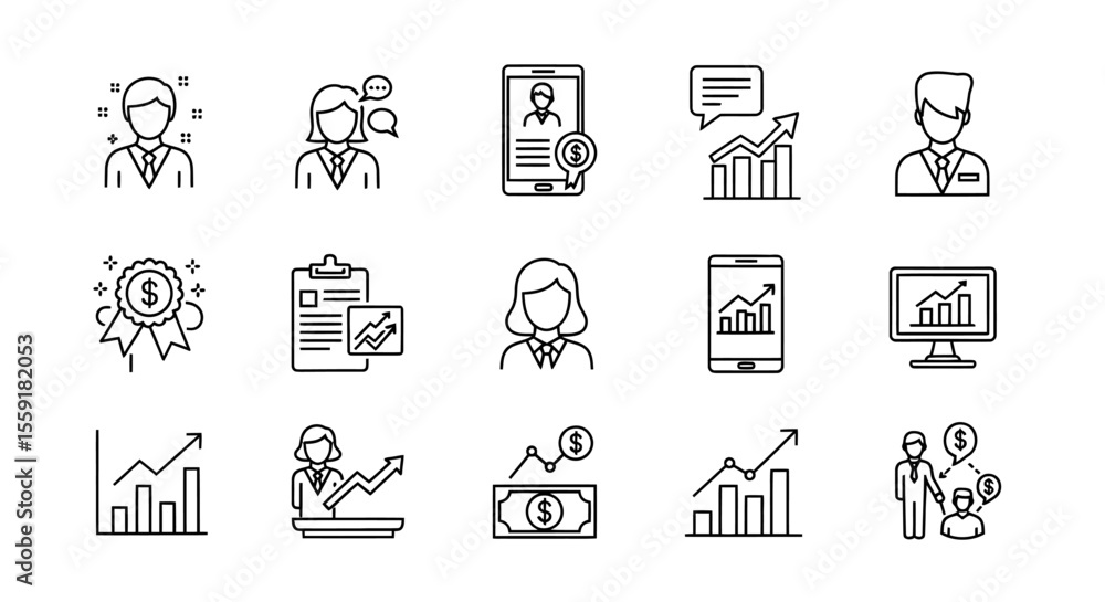 Business and Finance Line Icons People Charts and Dollar Symbols. Business and Finance Line Icons People Charts and Dollar Symbols.