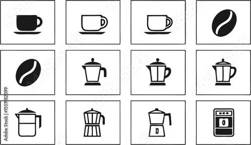 Simplified black and white coffee icons representing beverage preparation and brewing techniques
