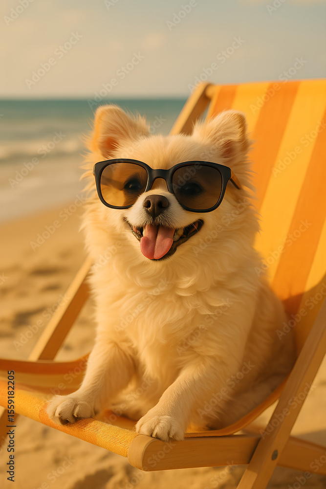 Adorable Dog Relaxing on Beach Chair Wearing Sunglasses Adorable Dog Relaxing on Beach Chair Wearing Sunglasses
