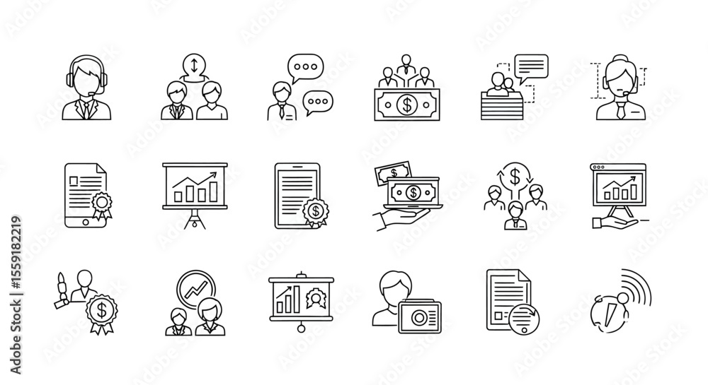 Business and Finance Outline Icons Teamwork Communication and Financial Growth. Business and Finance Outline Icons Teamwork Communication and Financial Growth.