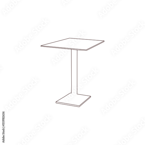 Clean line drawing of a modern dining table with a rectangular tabletop and a square base.