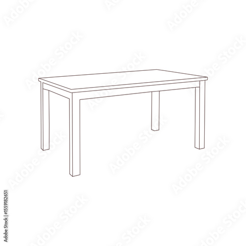 Clean line drawing of a modern dining table with a rectangular tabletop and a square base.