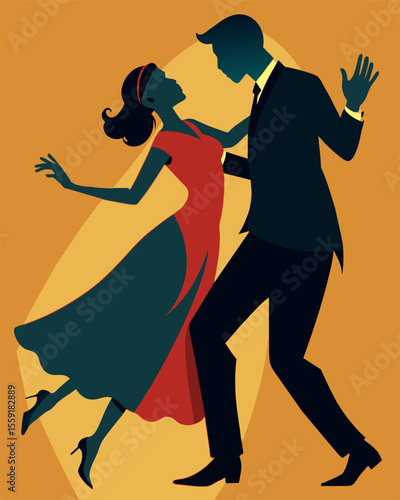 Shadows of a man and woman dance tenderly their silhouettes moving in perfect harmony.. Vector illustration