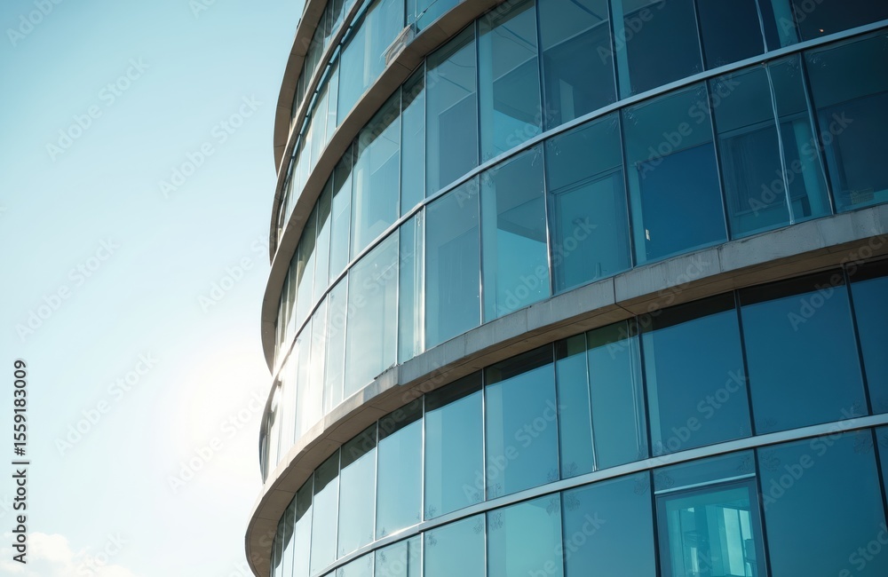 Obraz premium Modern office building with curved glass facade reflects sunlight. Contemporary architecture, glass walls create light reflections. Corporate urban design, business concept, high-rise structure,