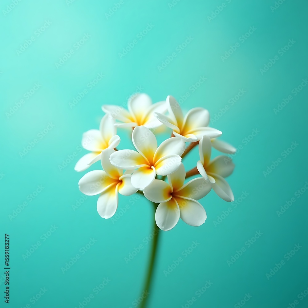 Naklejka premium Close-up of a beautiful bouquet of white plumeria flowers against a teal background.
