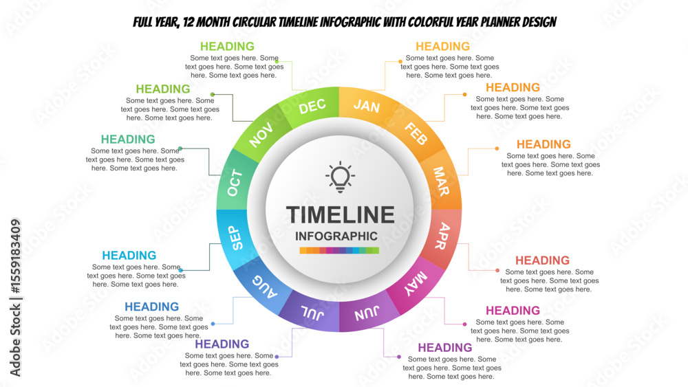 Fototapeta premium Full year, 12 Month Circular Timeline Infographic with Colorful Year Planner Design. Fully editable vector SVG file compatible with PowerPoint, Illustrator, and most vector-based applications.