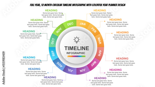 Full year, 12 Month Circular Timeline Infographic with Colorful Year Planner Design. Fully editable vector SVG file compatible with PowerPoint, Illustrator, and most vector-based applications.