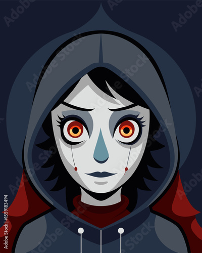 The puppeteers face reflected in the cold dead eyes of an emotionless doll controlled by their every whim.. Vector illustration