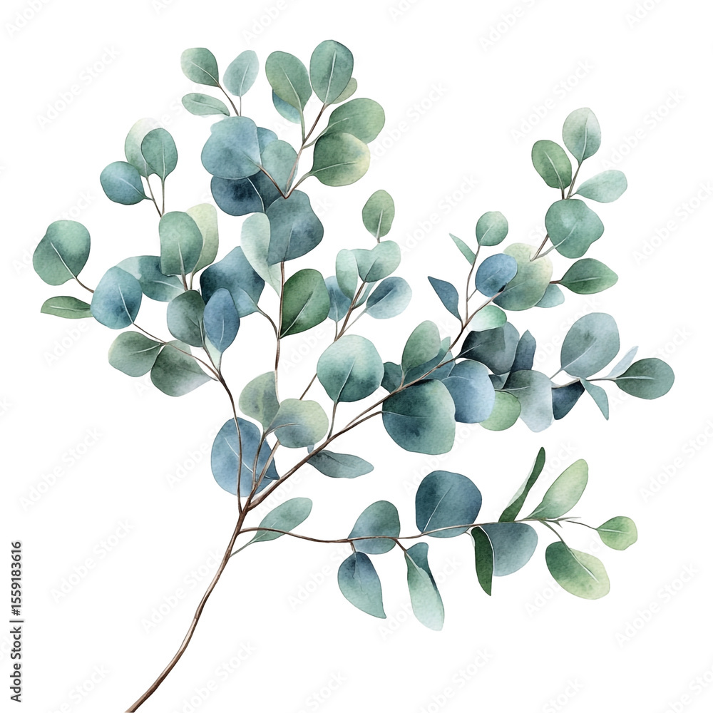 Obraz premium Watercolor painting of eucalyptus branch with blue green leaves on black background