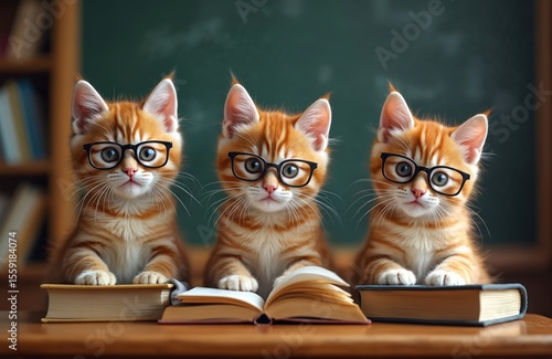 Three ginger kittens with glasses study books in classroom. Funny animal concept, creative pet photography, humorous education theme. Smart cats ready for learning, back to school, study hard.