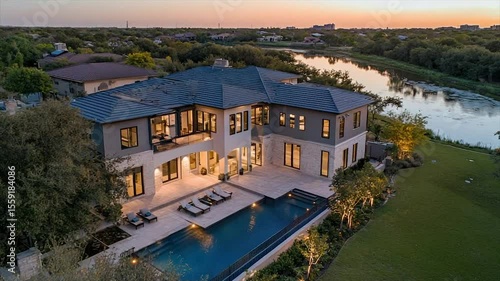 Luxurious waterfront home with infinity pool, expansive patio, and tranquil setting at dusk