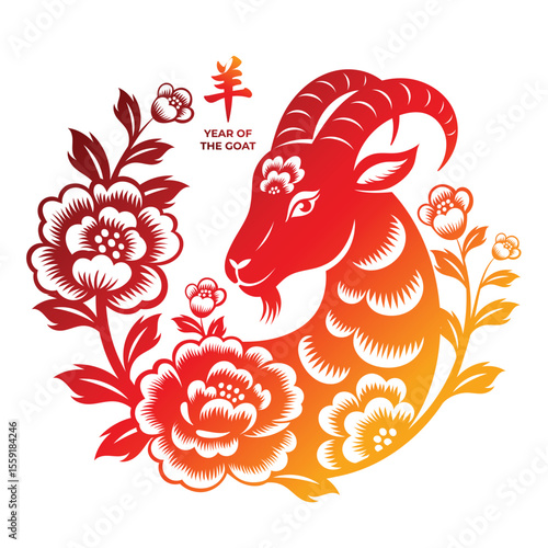 Gradient Red and Orange Goat with Floral Elements for Chinese New Year Vector Sign or Symbol