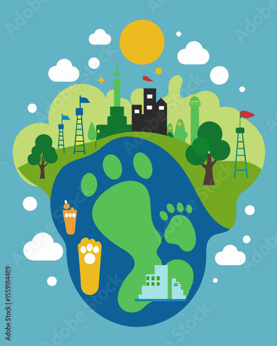 A footprint surrounded by images of oil spills and smogfilled cities emphasizing the role of fossil fuels in our ecological footprint.. Vector illustration