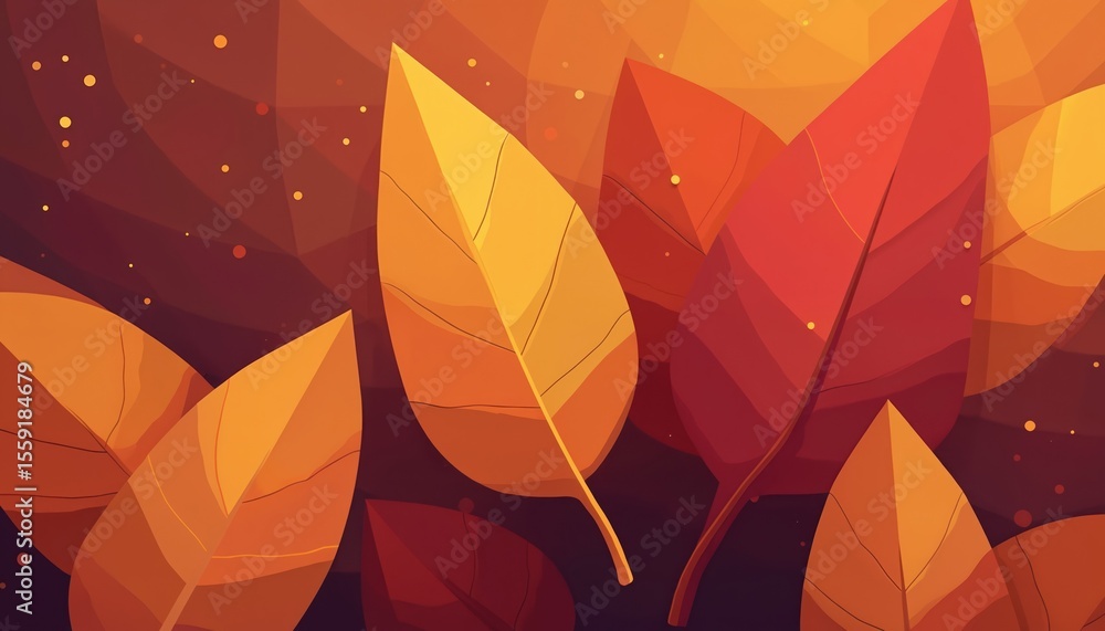 Abstract autumn background with geometric leaf shapes. Warm colours like orange burgundy mustard create vibrant pattern. Nature texture, contemporary art. Conceptual graphic design, stylish, trendy. Abstract autumn background with geometric leaf shapes. Warm colours like orange burgundy mustard create vibrant pattern. Nature texture, contemporary art. Conceptual graphic design, stylish, trendy.