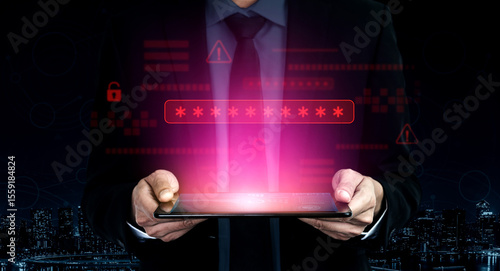 Password security breach warning with red asterisk box, cybersecurity alert, lock icons, and critical vulnerability signals in digital system access Vouch