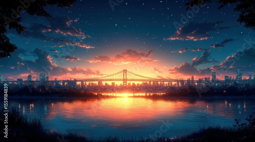 Sunset cityscape with bridge over calm river