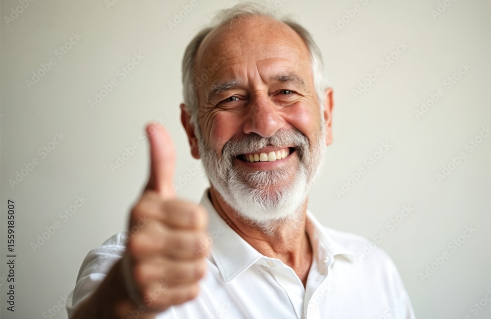 Smiling senior man shows thumb up. Happy elderly person with grey hair, beard. Positive emotion, success, approval, like concept. White shirt, neutral background. Confidence, joy, satisfaction. Good Smiling senior man shows thumb up. Happy elderly person with grey hair, beard. Positive emotion, success, approval, like concept. White shirt, neutral background. Confidence, joy, satisfaction. Good