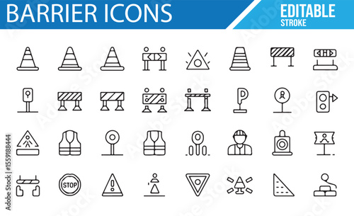 Warning, Roadblock, and Barrier Icons for Road Safety and Construction Themes