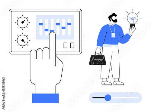 Hand adjusting control panel sliders, man holding lightbulb symbolizing creativity, innovation, and solutions. Ideal for technology, business, ideas, improvement, strategy startups and creativity