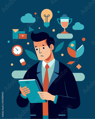 The constant stream of information on his tablet bombarded his mind causing him to lose track of time and reality.. Vector illustration